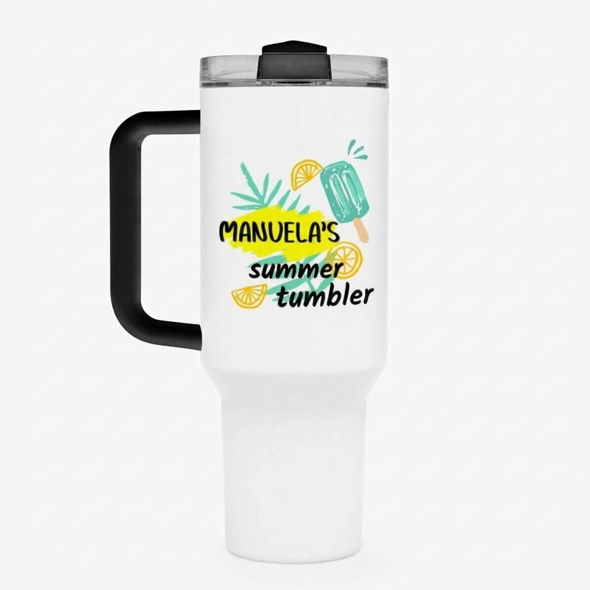 Thermos mug with handle and straw, personalised with text - Ice cream