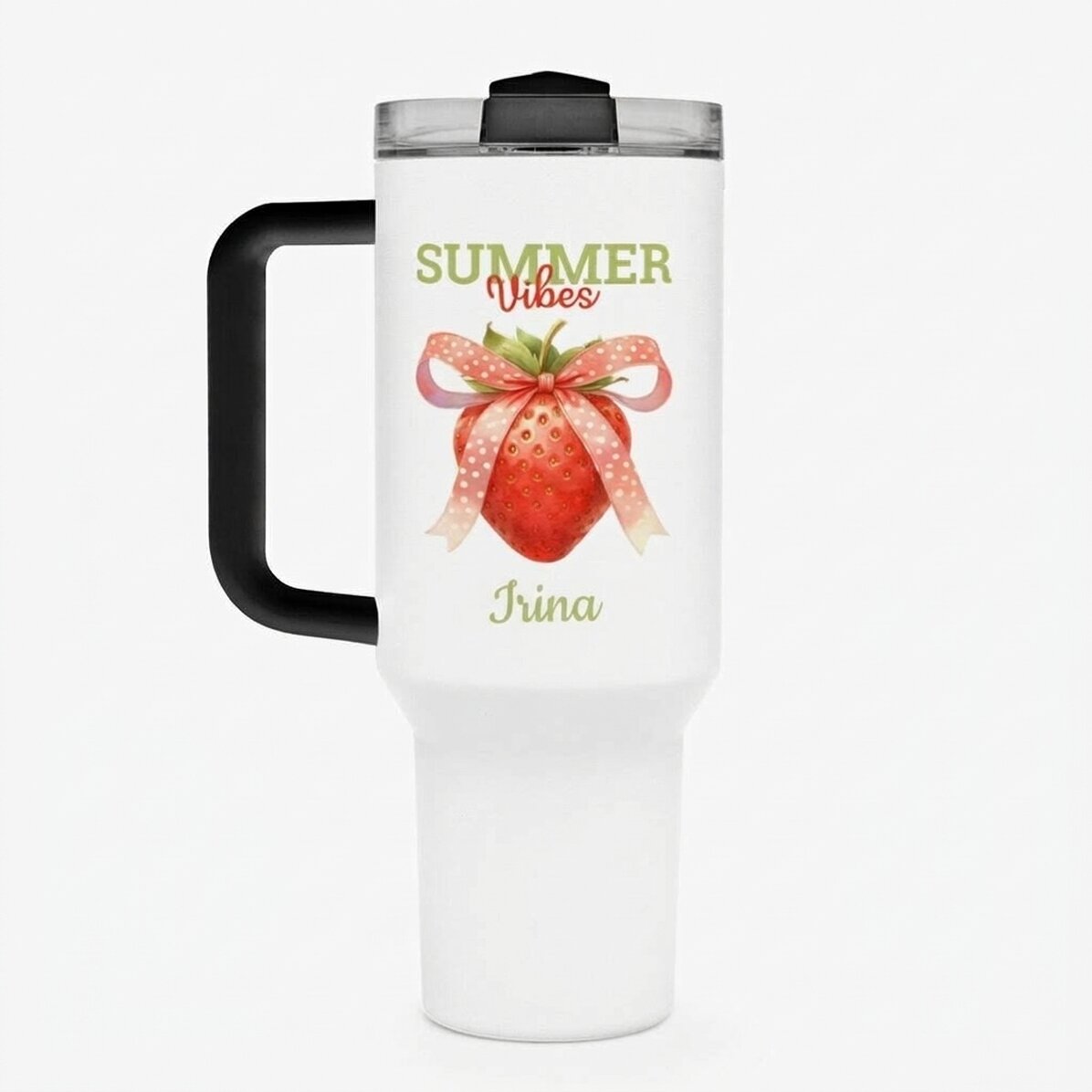 Thermos mug with handle and straw, personalised with message - Summer Vibes
