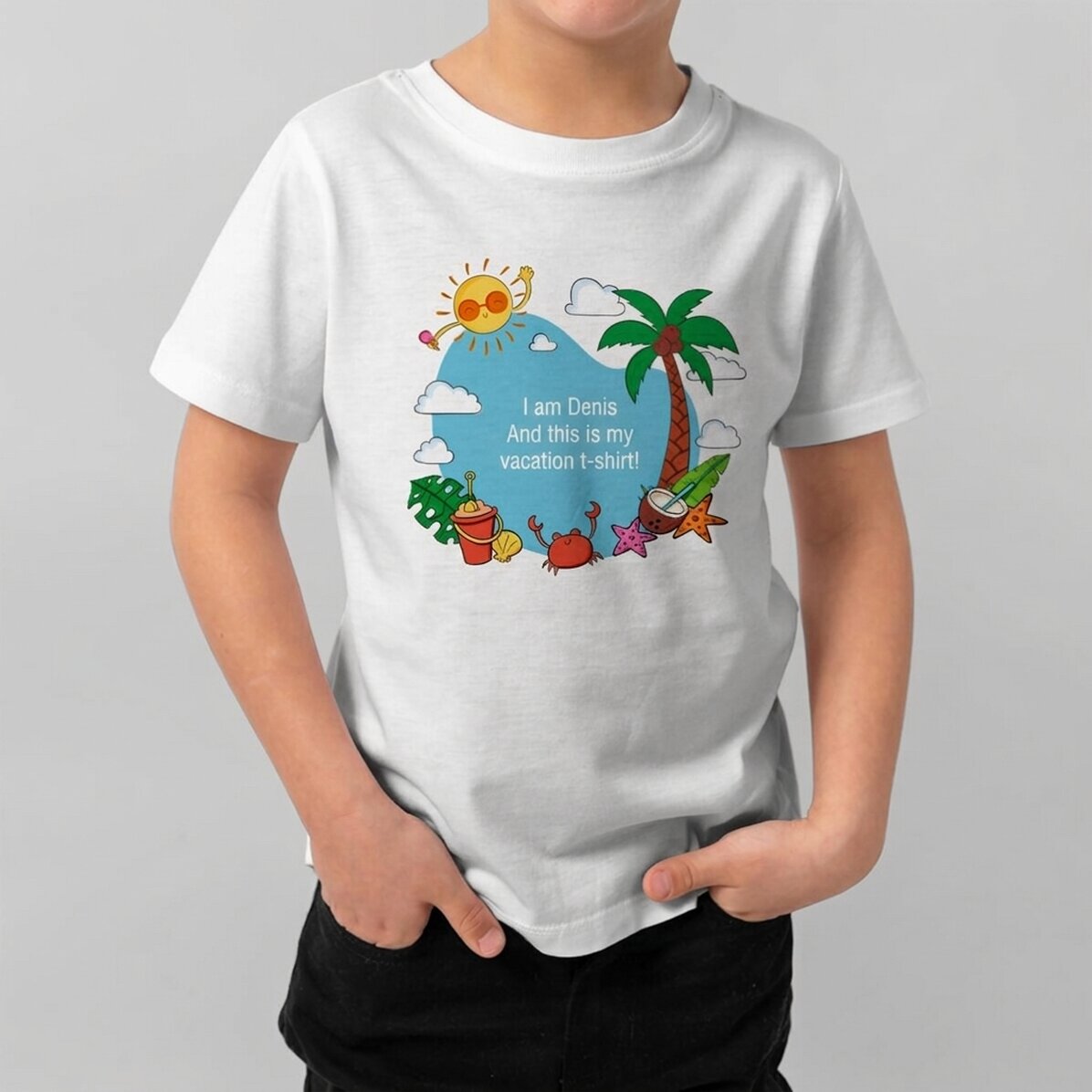 Customised cotton T-shirt for children with message - Summer holidays