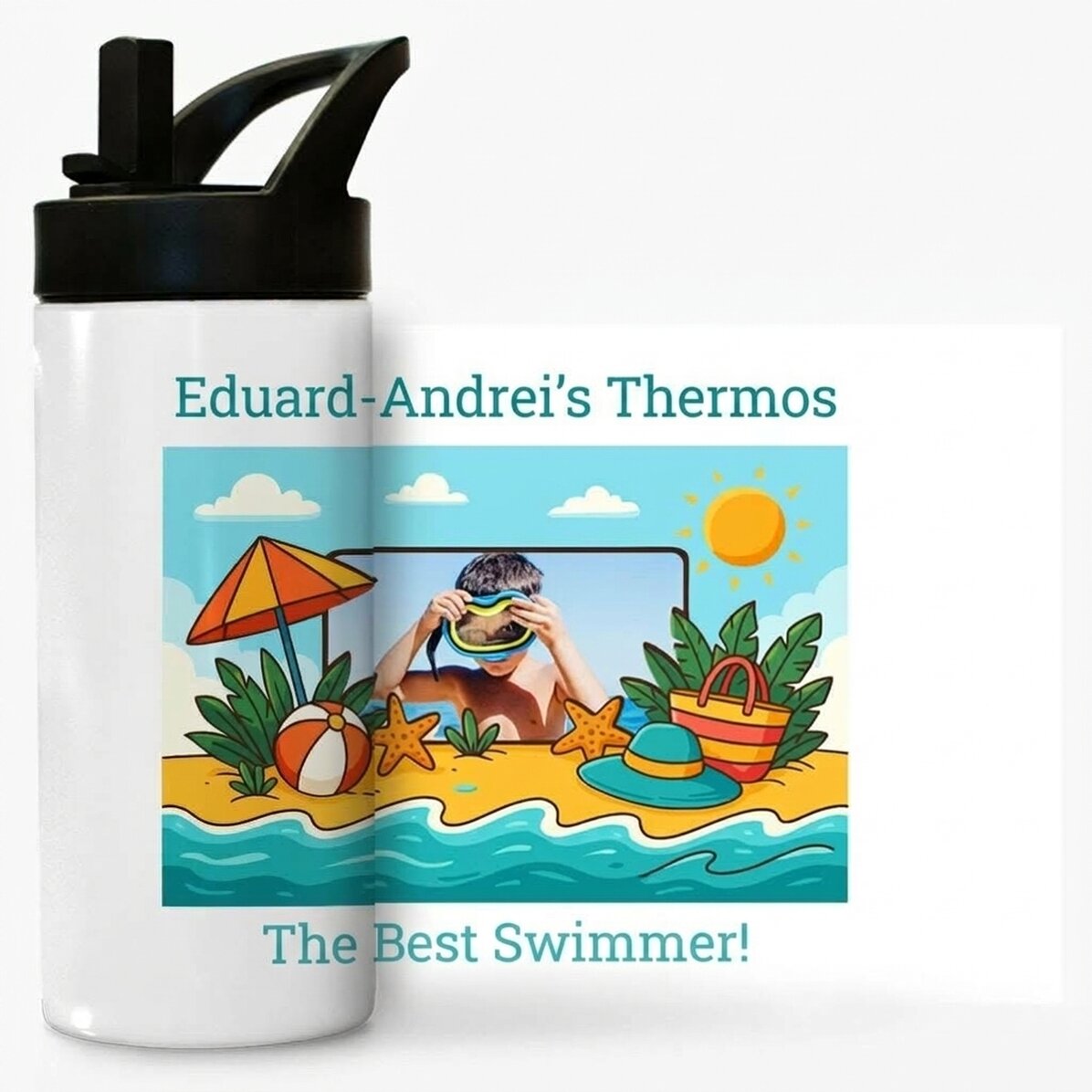 Thermos with handle and straw, personalised with photo and message for children - Summer holidays