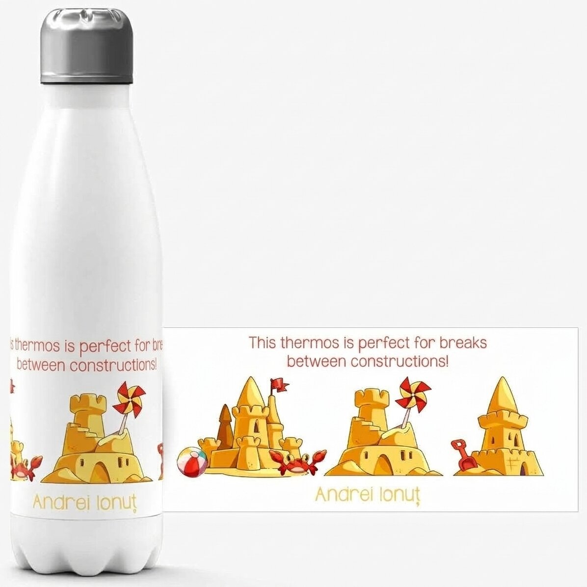 Thermos flask with white base, personalised with message - Seaside Holiday