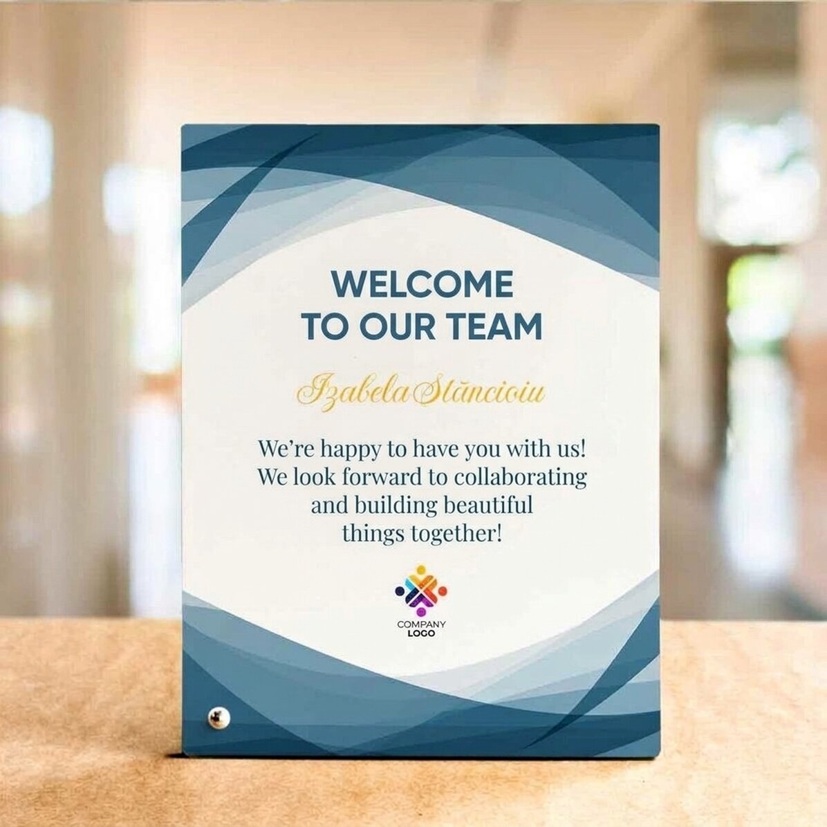 Personalised desk photo frame with text and logo - Welcome