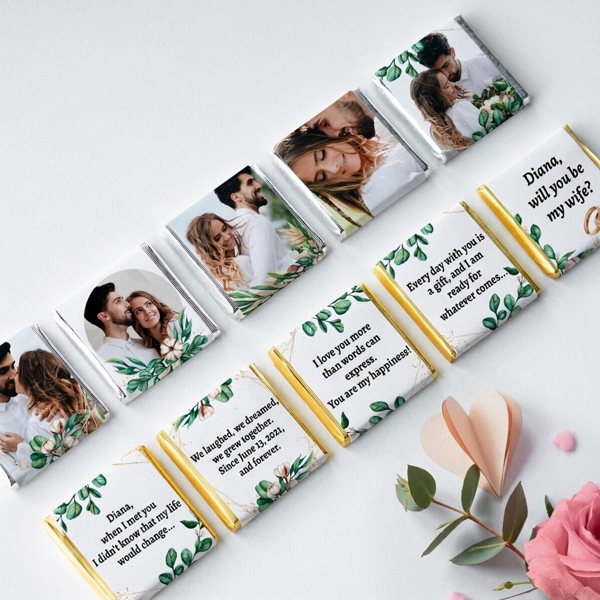 Set of 10 mini chocolates personalised with photos and text - Special proposal