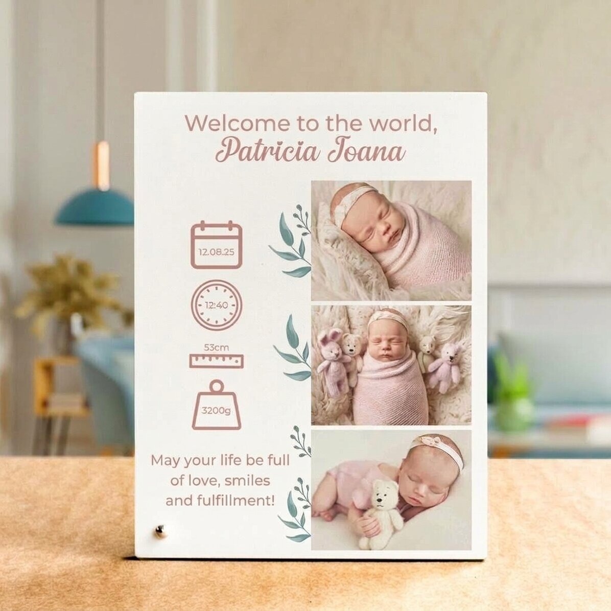 Personalised desk photo frame with text and 3 photos - Welcome to the world