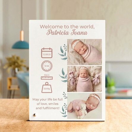 Personalised desk photo frame with text and 3 photos - Welcome to the world