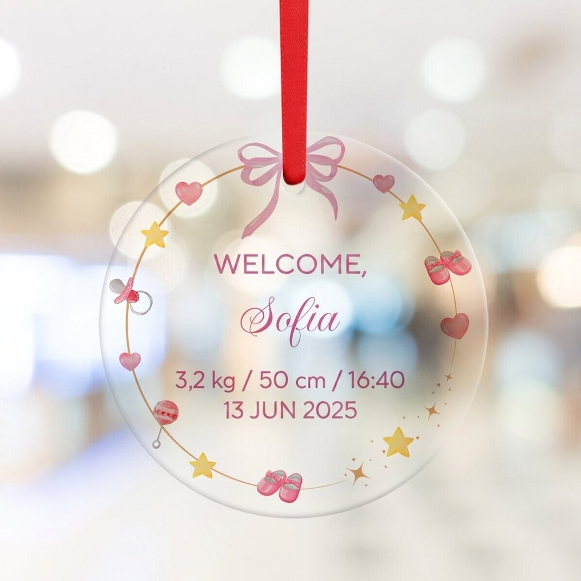 Personalised round ornament with text - Welcome, Baby