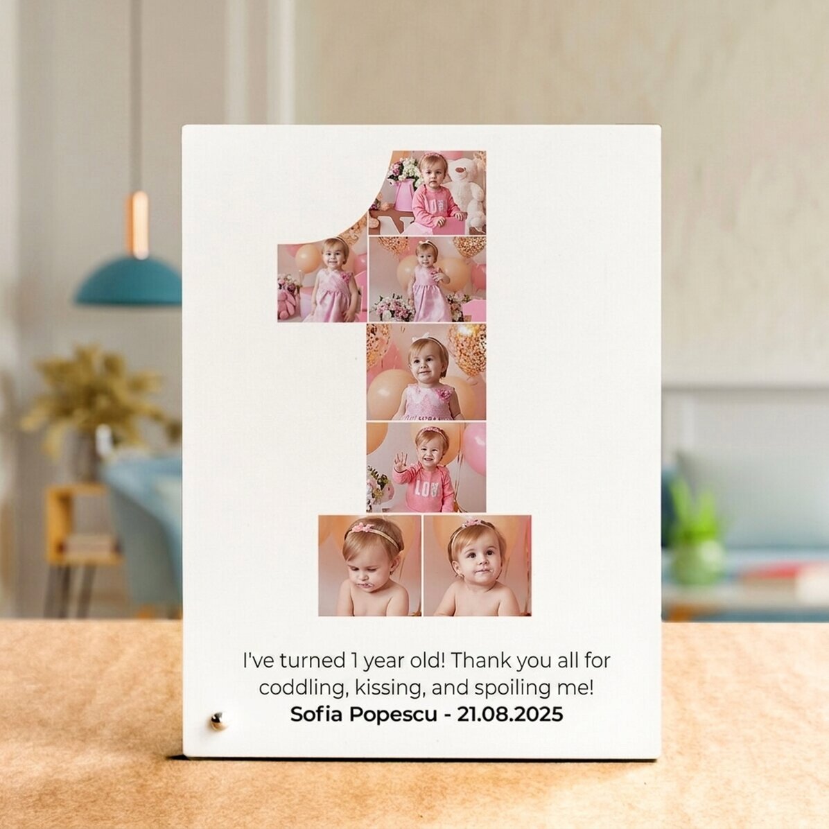 Personalised desk photo frame with 7 photos and text - One year anniversary