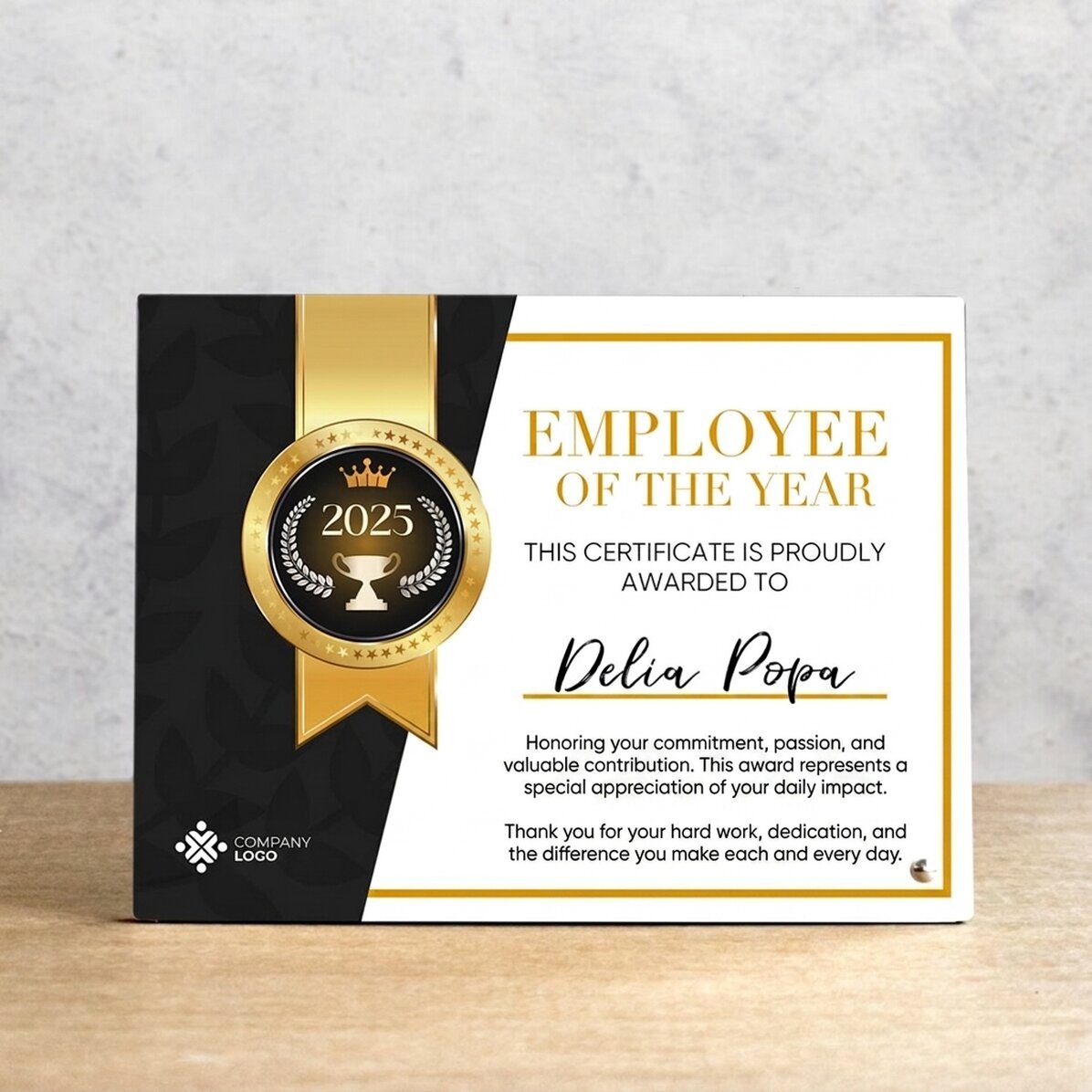 Personalised desk photo frame with logo and text - Employee of the Year