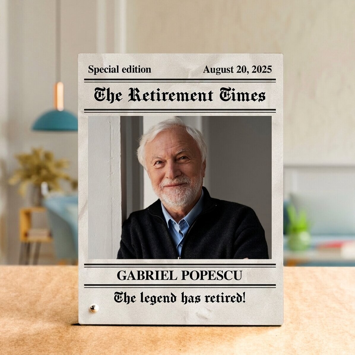 Personalised desk photo frame with a photo and retirement text