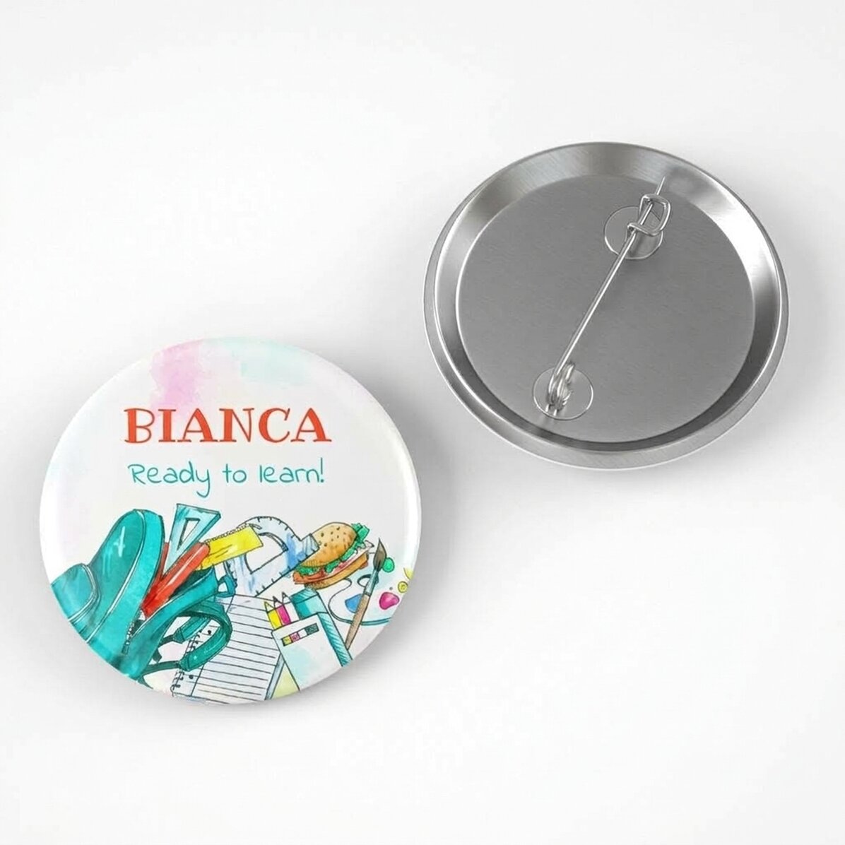 Personalised badge with name and text - Ready to learn
