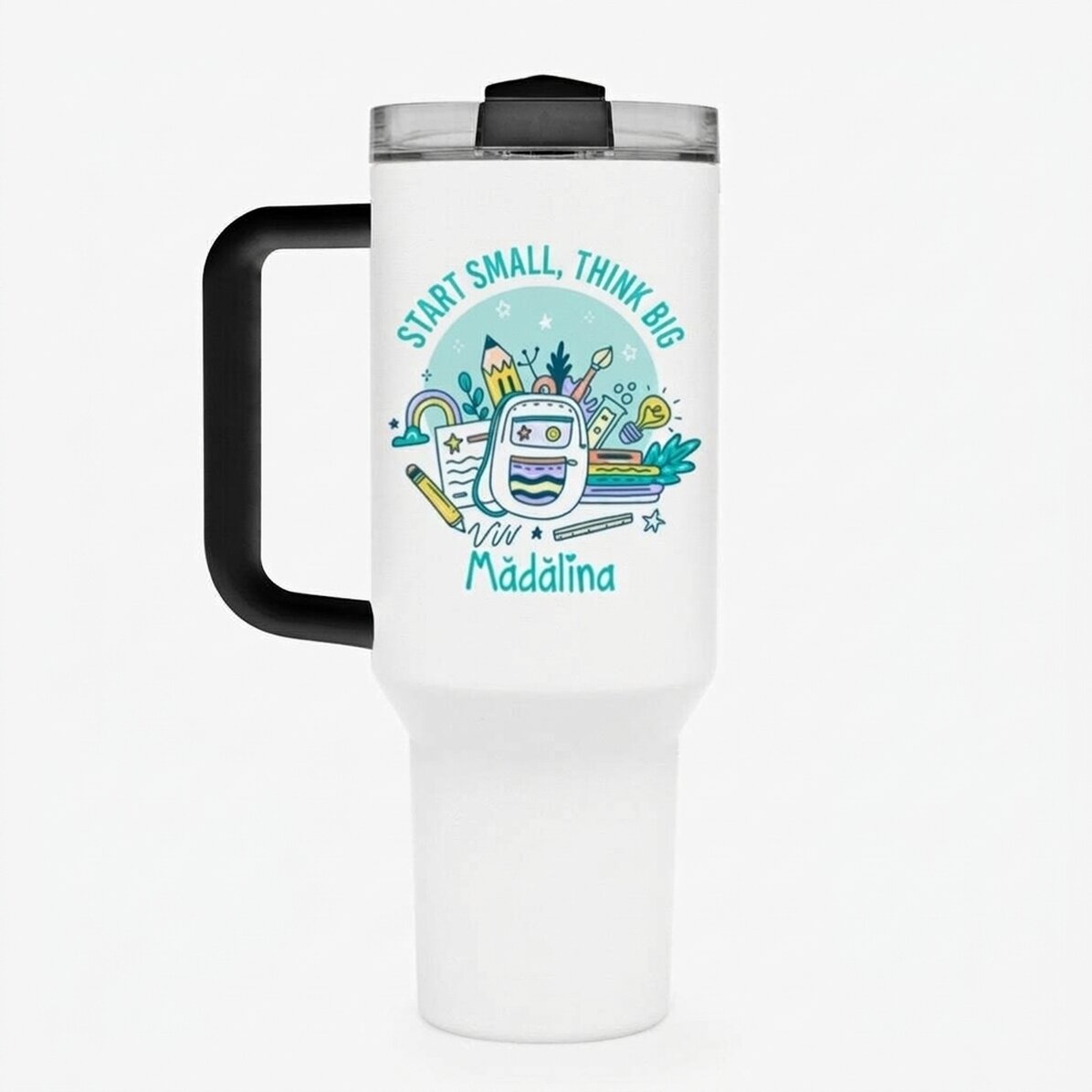 Thermos mug with handle and straw, personalised with message - Pupil