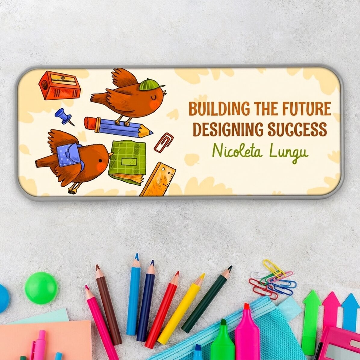 Personalised pencil case with text - Learning birds