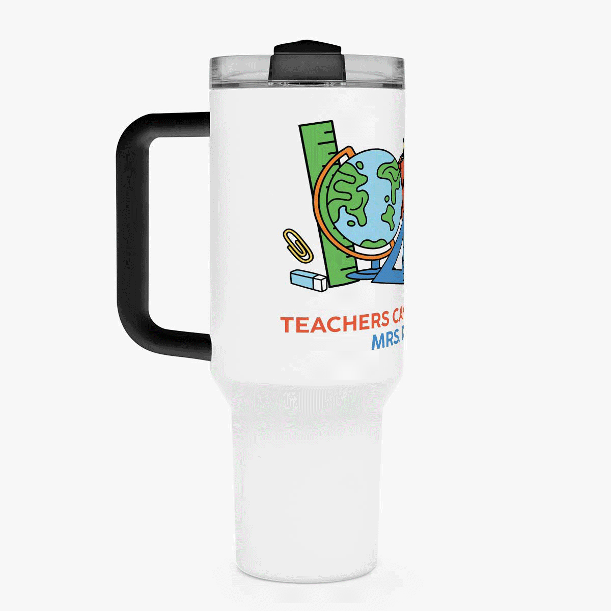Thermos mug with handle and straw, personalised with message - Teachers