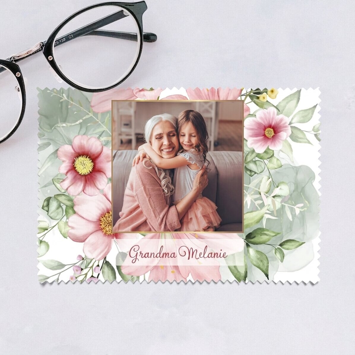 Personalised cloth with a photo for cleaning screens/glasses - Floral