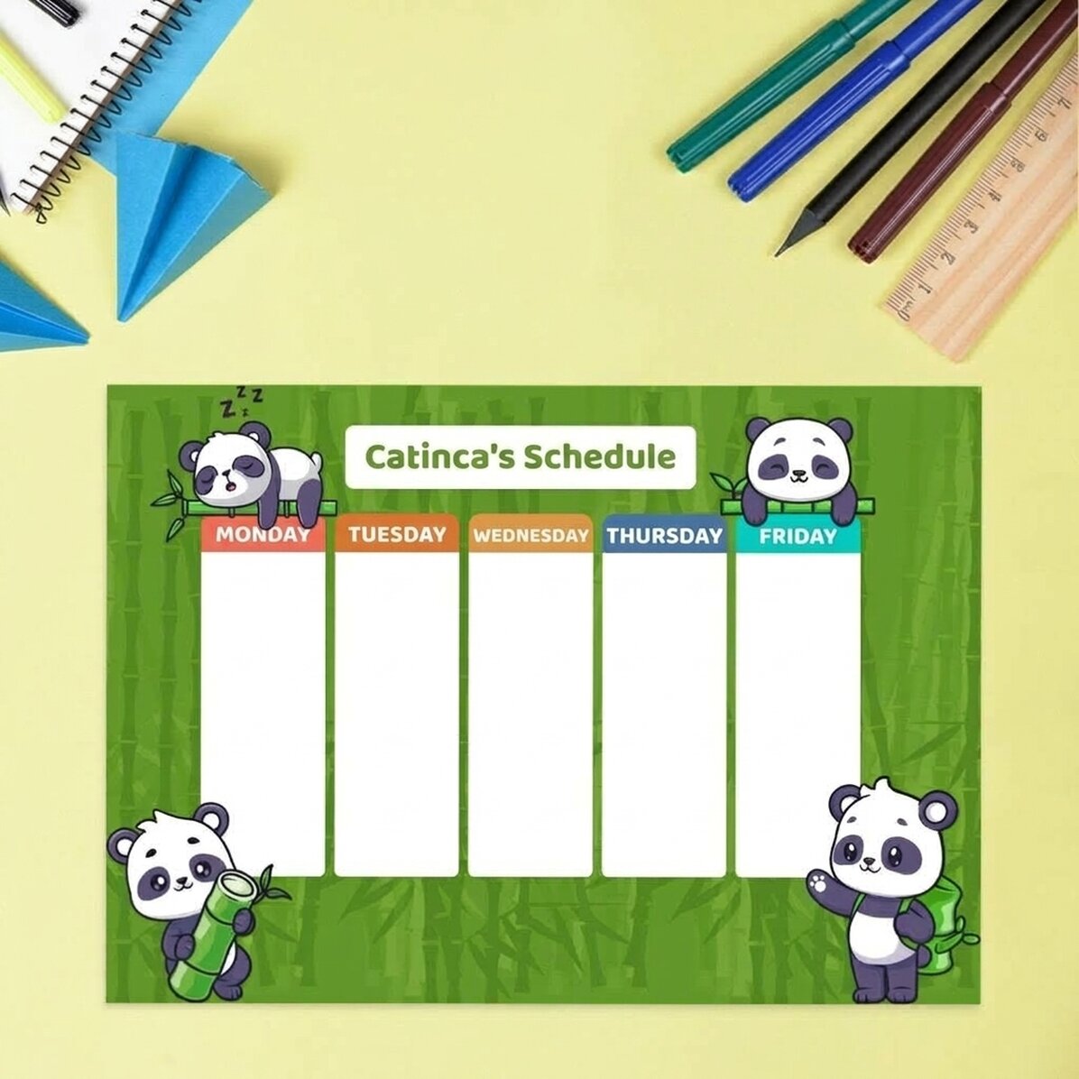 Personalised timetable with text - Cute Panda