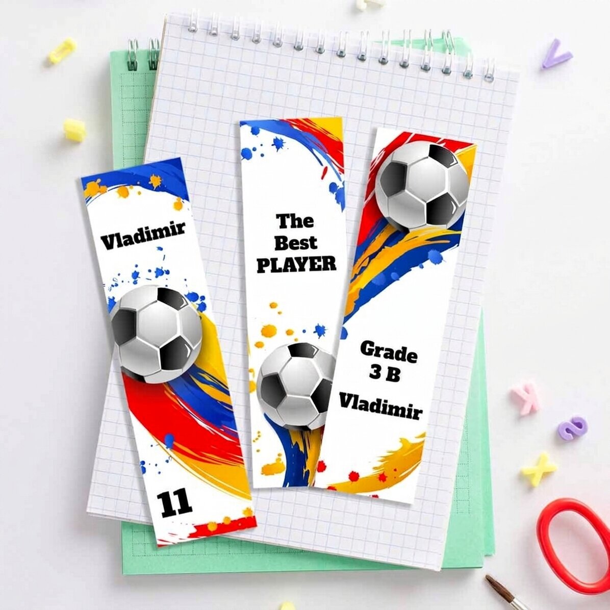 Set of 3 personalised bookmarks with text - Football