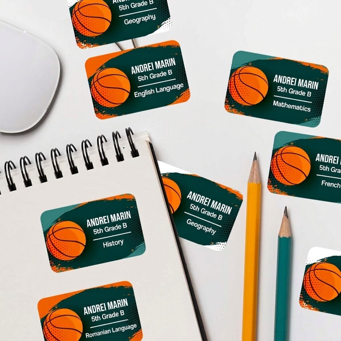 Set of 8 customised stickers (self-adhesive labels) for school - Basketball