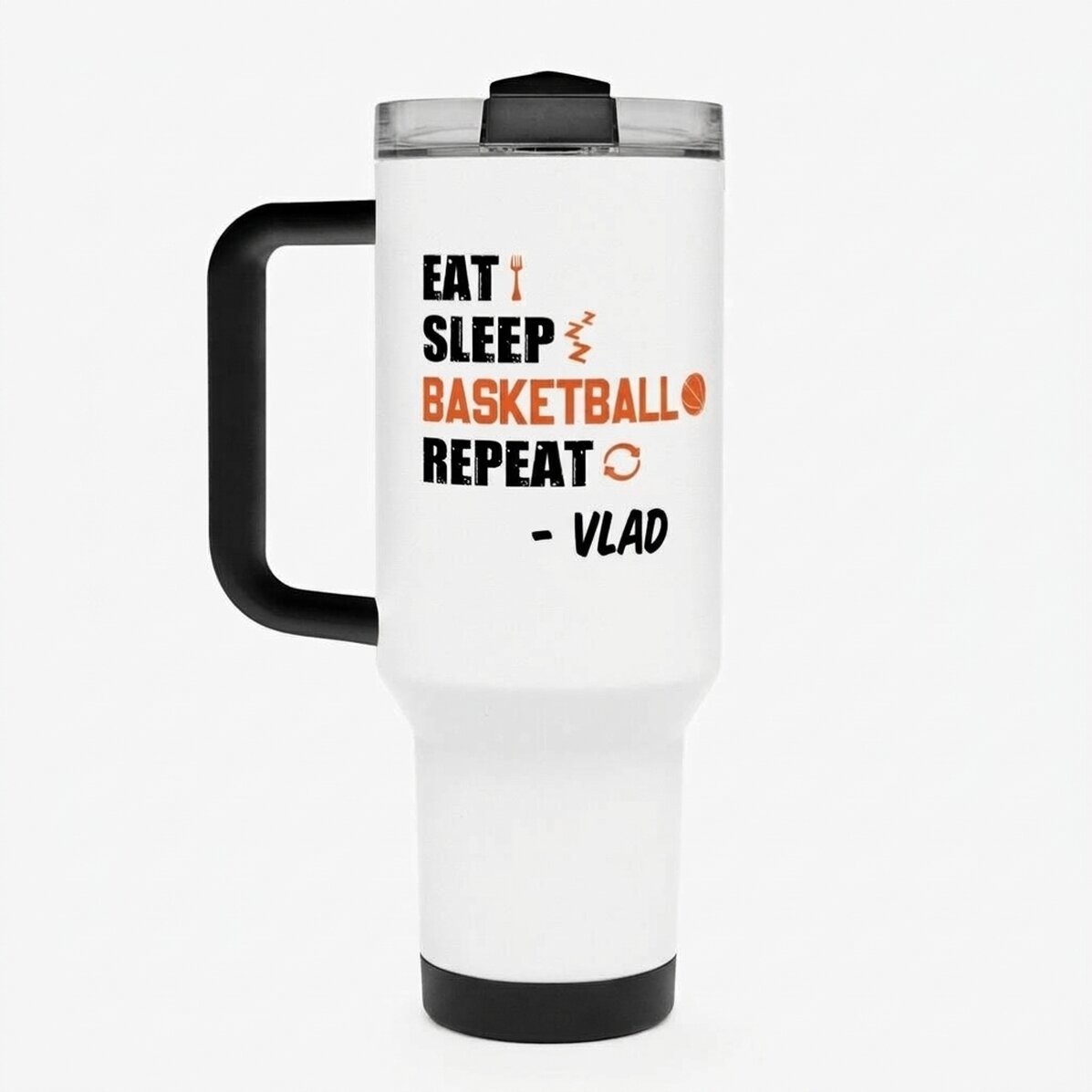 Thermos mug with handle and straw, personalised with name - Basketball