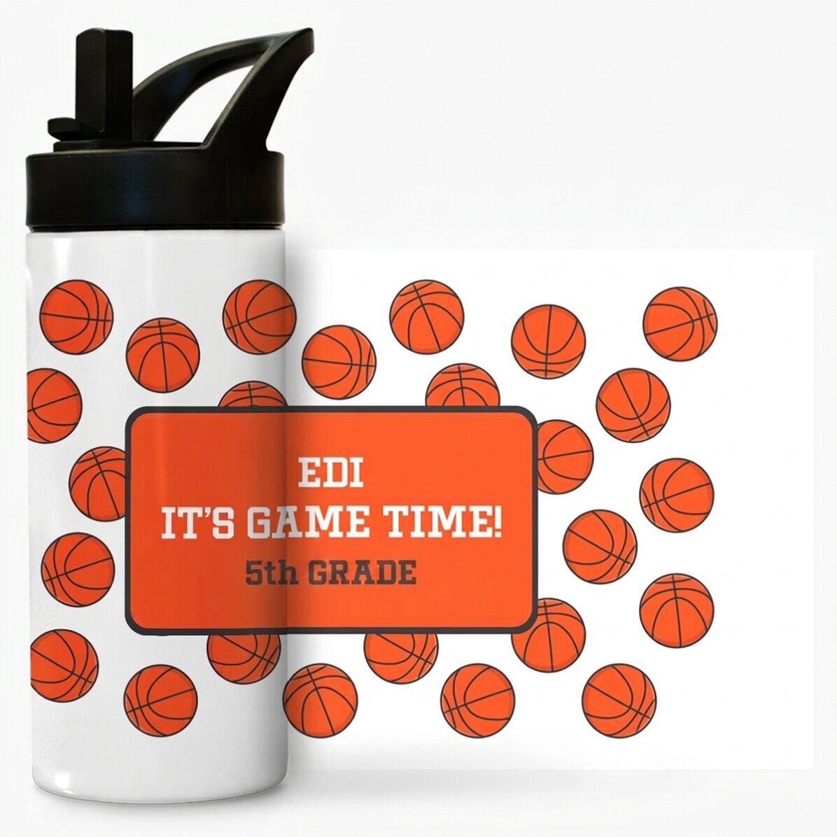 Thermos with handle and straw personalised with message - Basketball