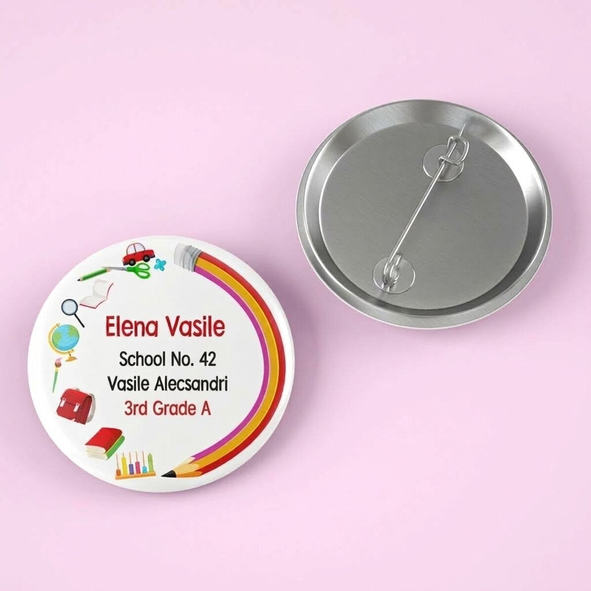 Personalised badge with name and text - School