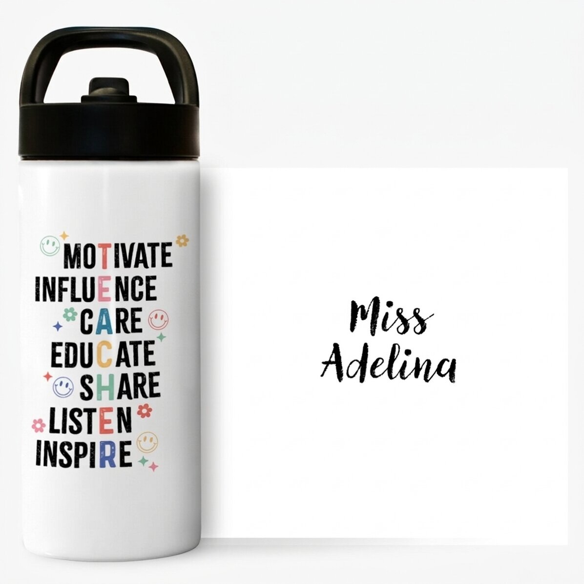 Thermos flask with handle and straw, personalised with name - Teacher