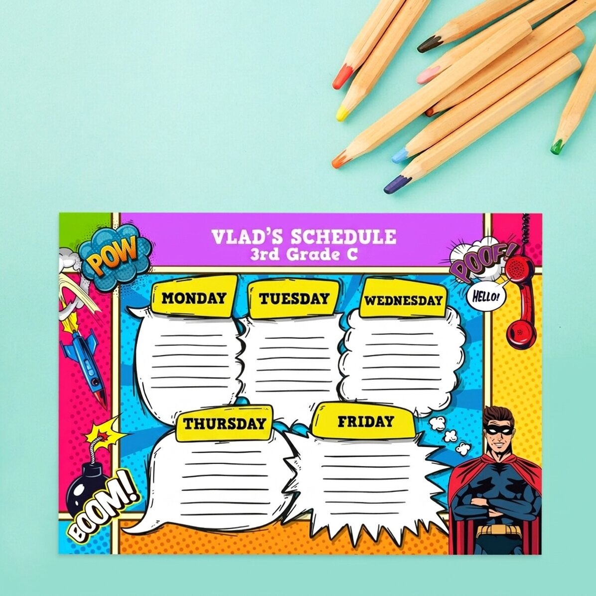 Personalised timetable with text - Comic Book