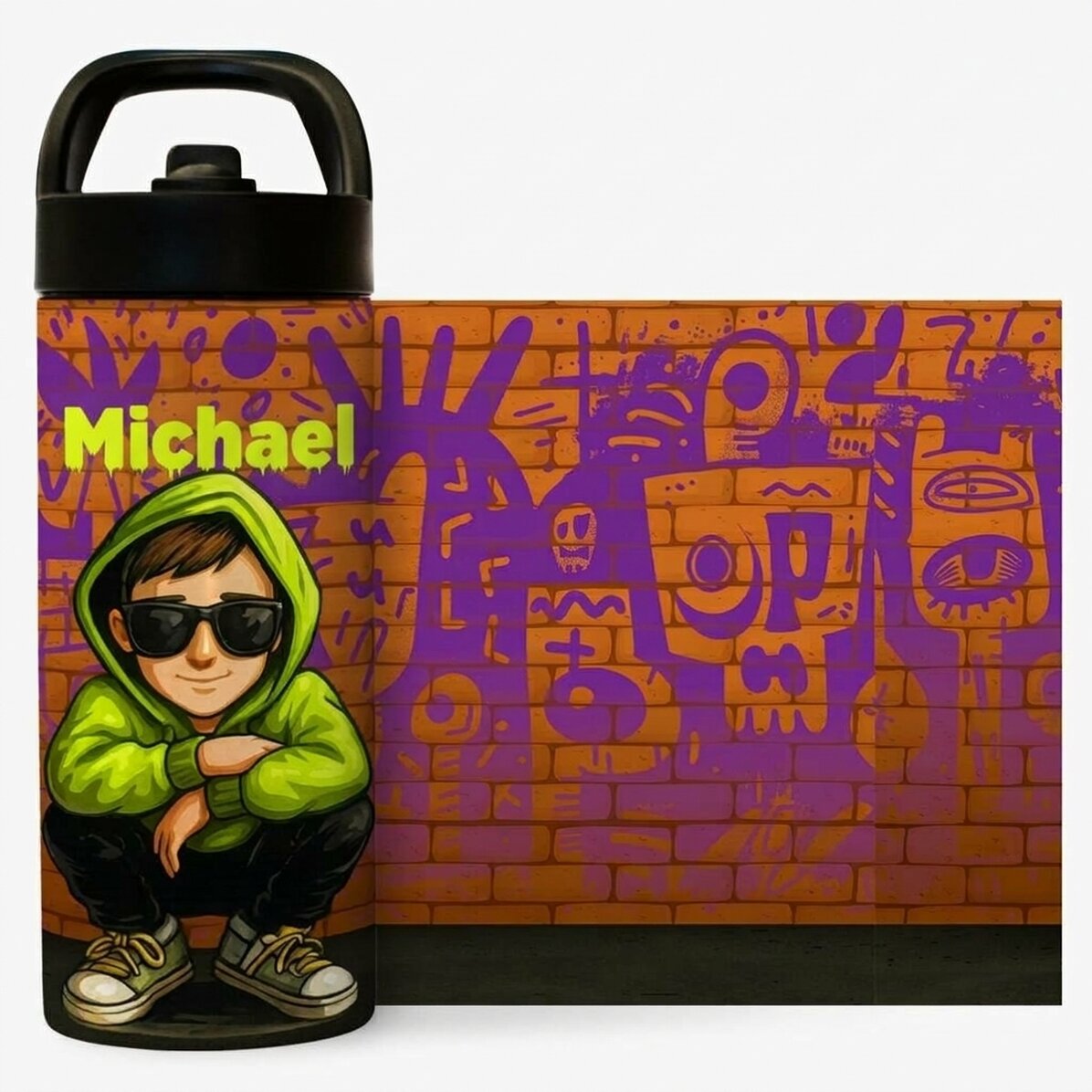 Thermos with handle and straw personalised with name - Graffiti