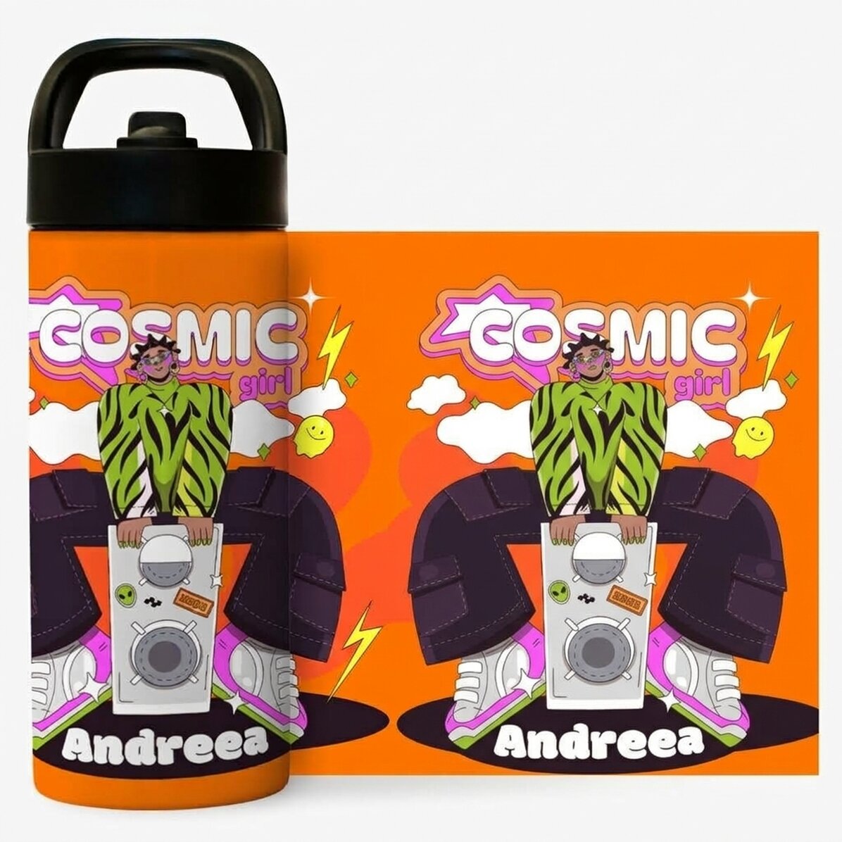 Thermos with handle and straw personalised with name - Cosmic Girl