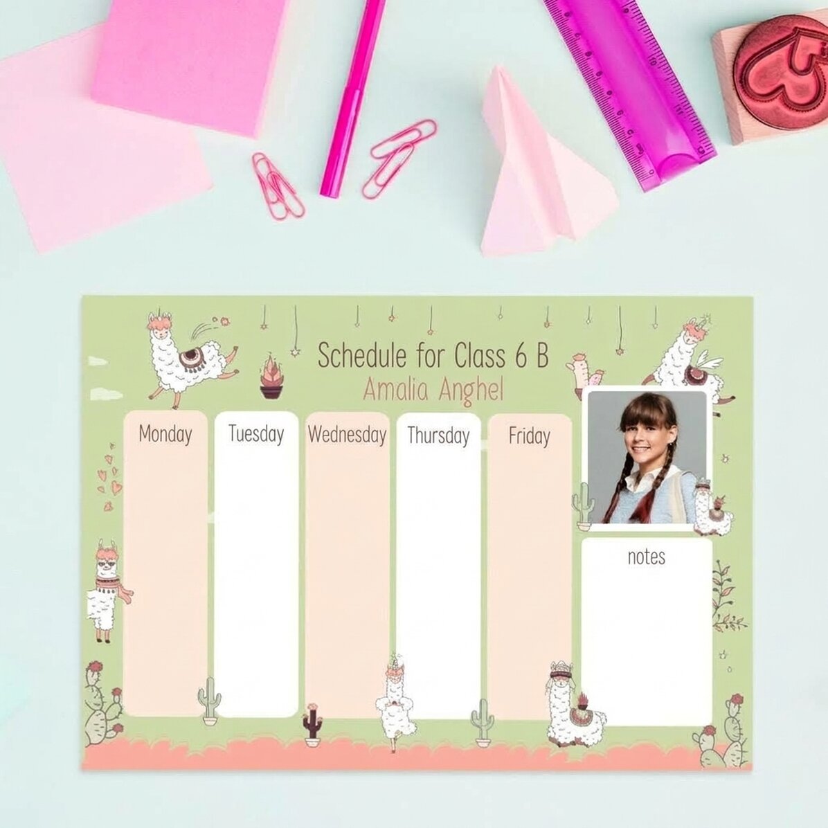 Personalised timetable with text and photo - Llama