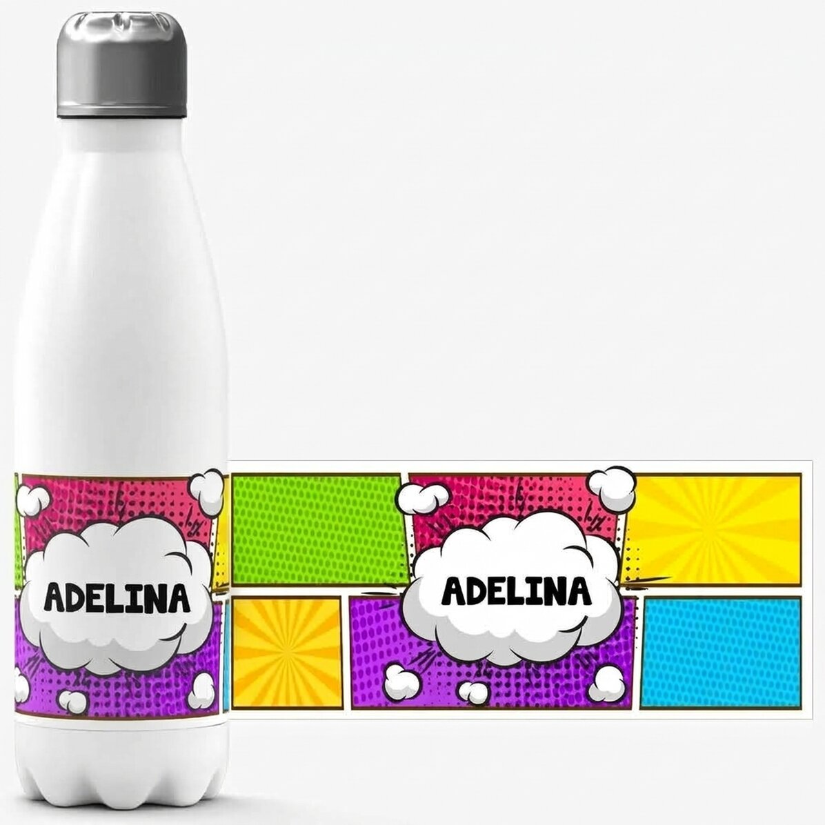 Thermos with white base personalised with text - Comics