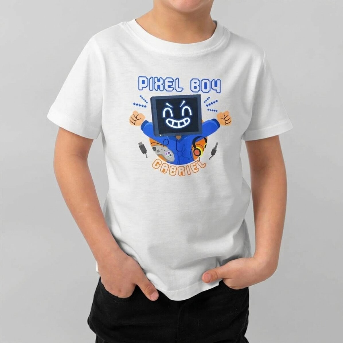 Customised cotton T-shirt for children with text - Pixel Boy