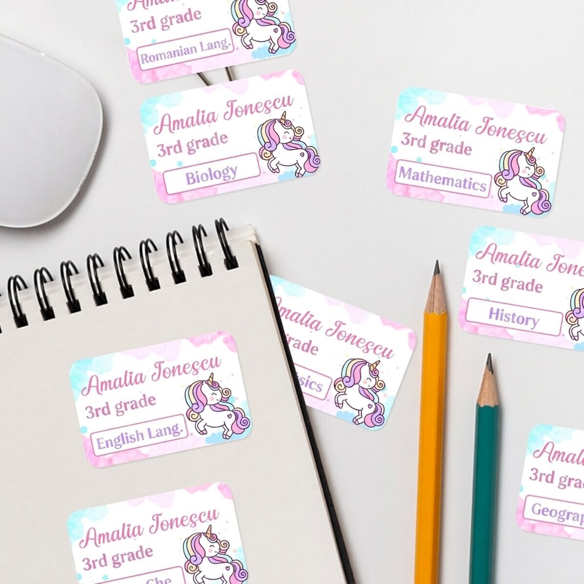 Set of 8 customised stickers (self-adhesive labels) for school - Unicorn