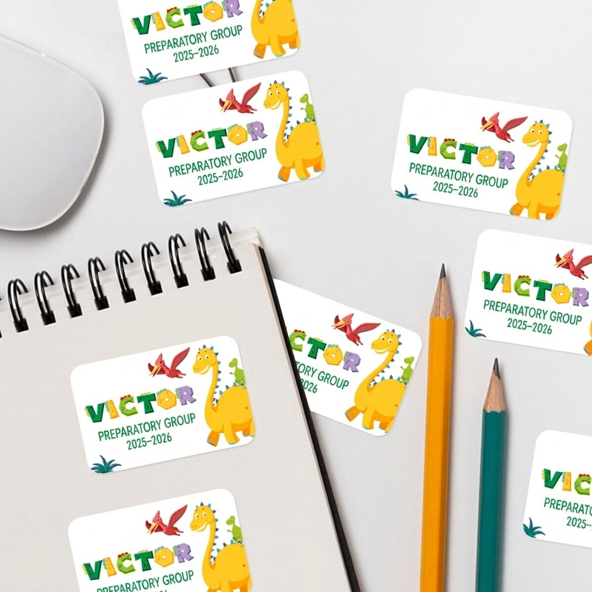 Set of 8 customised stickers (self-adhesive labels) for school - Dino