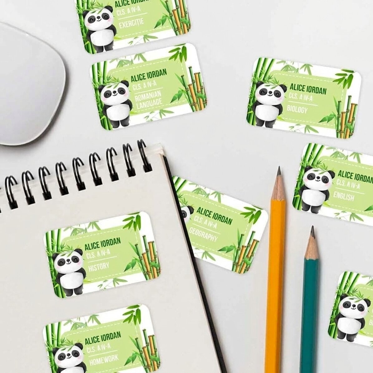 Set of 8 customised stickers (self-adhesive labels) for school - Cute Panda