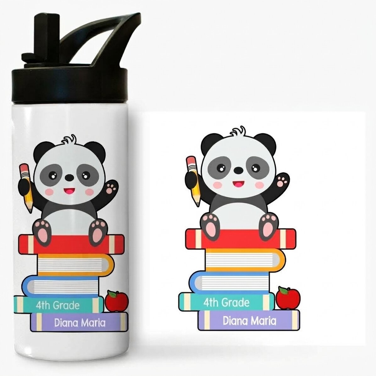 Thermos with handle and straw, personalised with message - Cute Panda