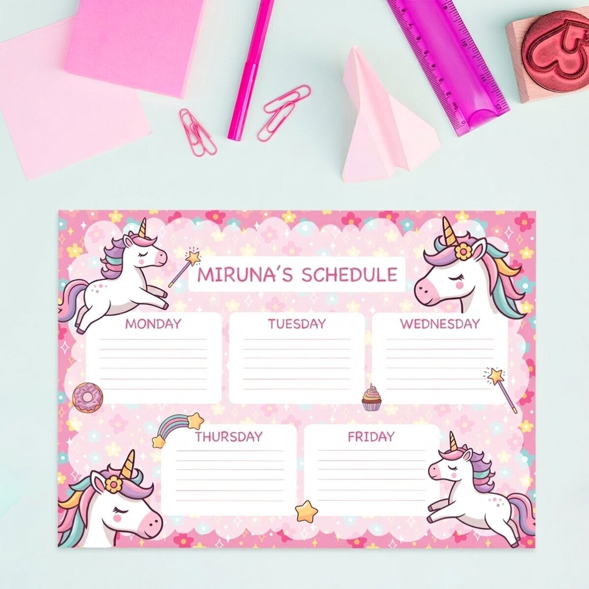 Personalised timetable with text - Unicorns
