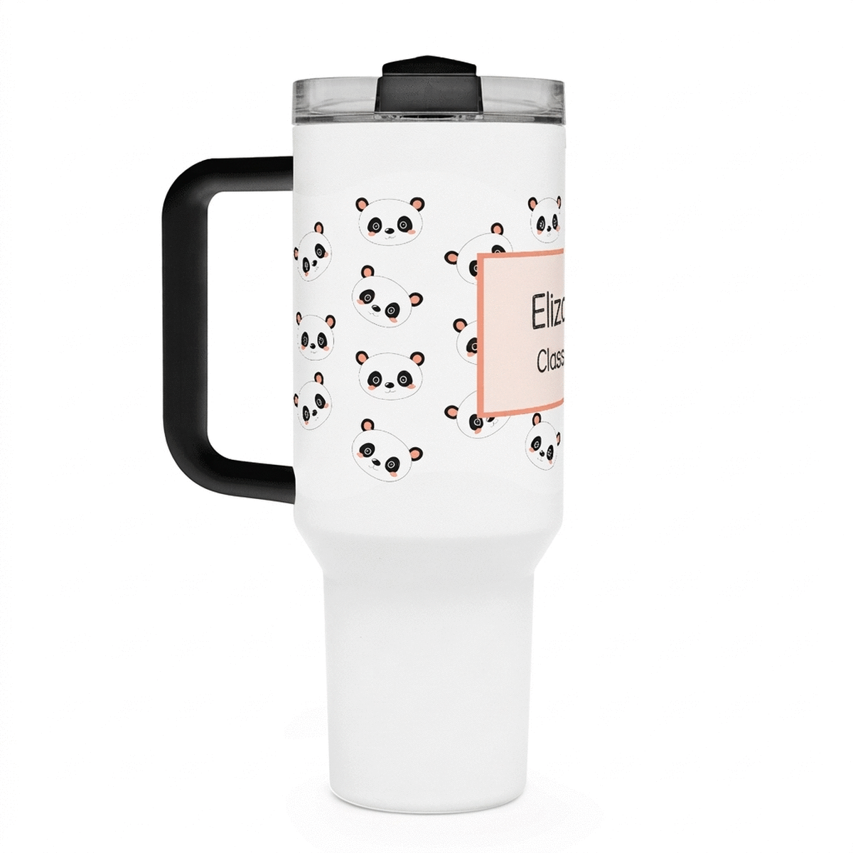 Thermos mug with handle and straw, personalised with text - Cute Panda