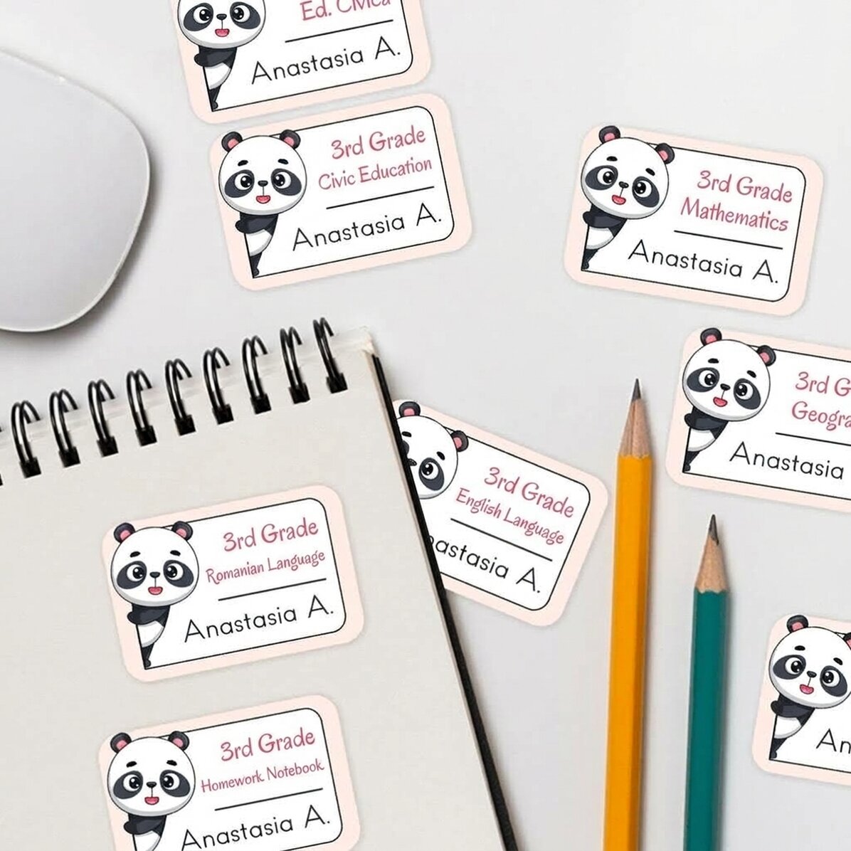 Set of 8 customised stickers (self-adhesive labels) for school - Panda