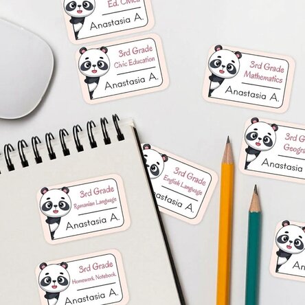 Set of 8 customised stickers (self-adhesive labels) for school - Panda