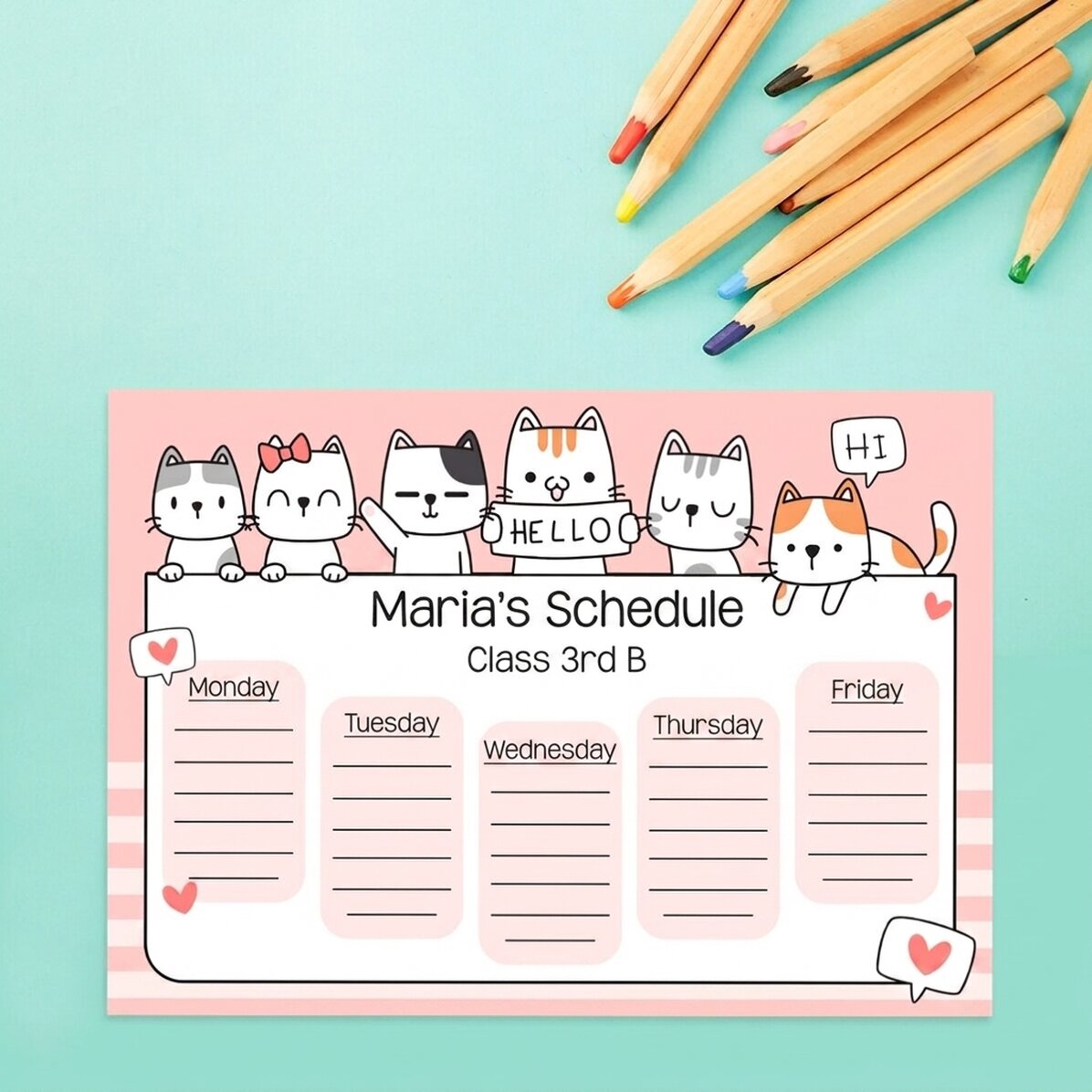 Personalised timetable with text - Kitty