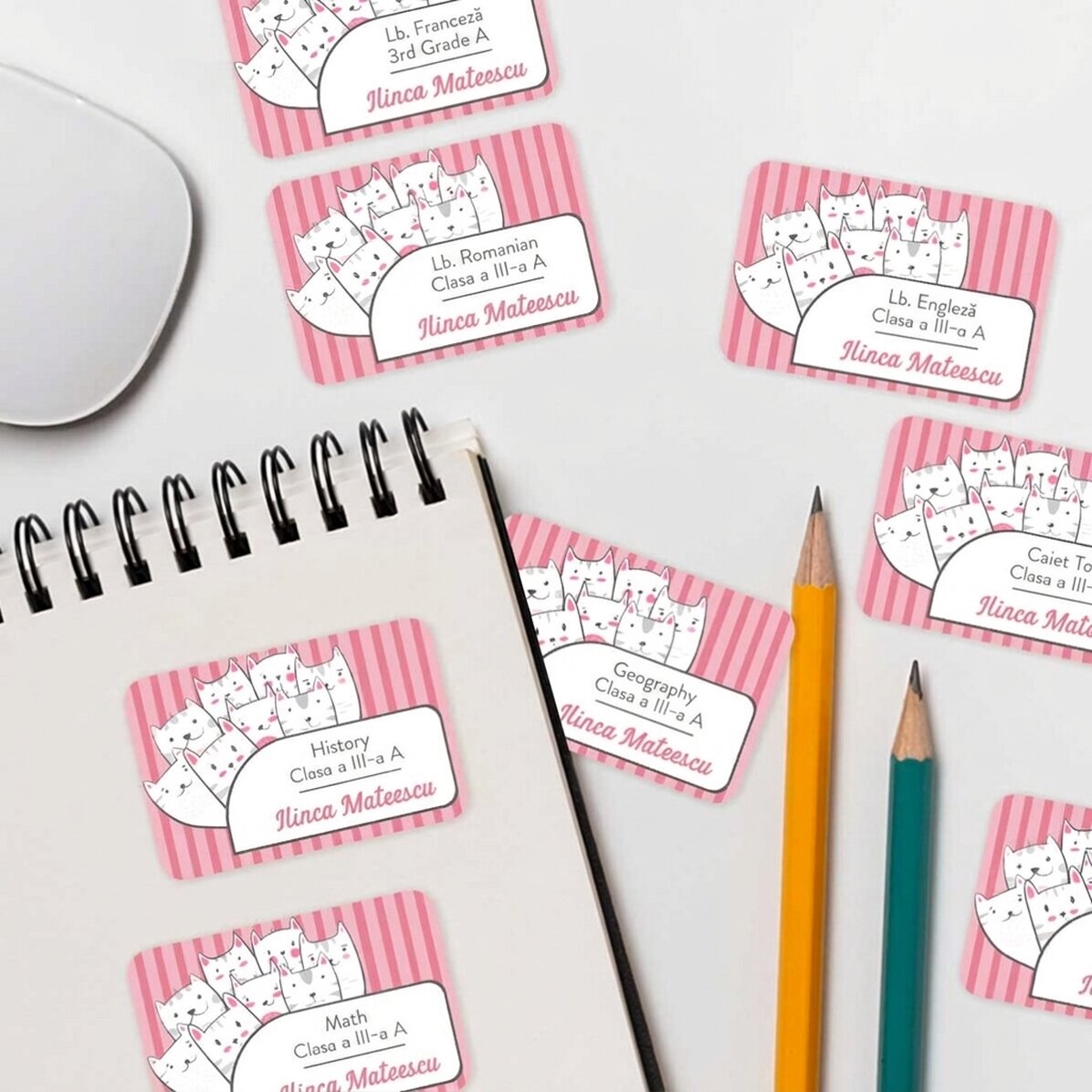 Set of 8 stickers (self-adhesive labels) personalised with text - Kitty