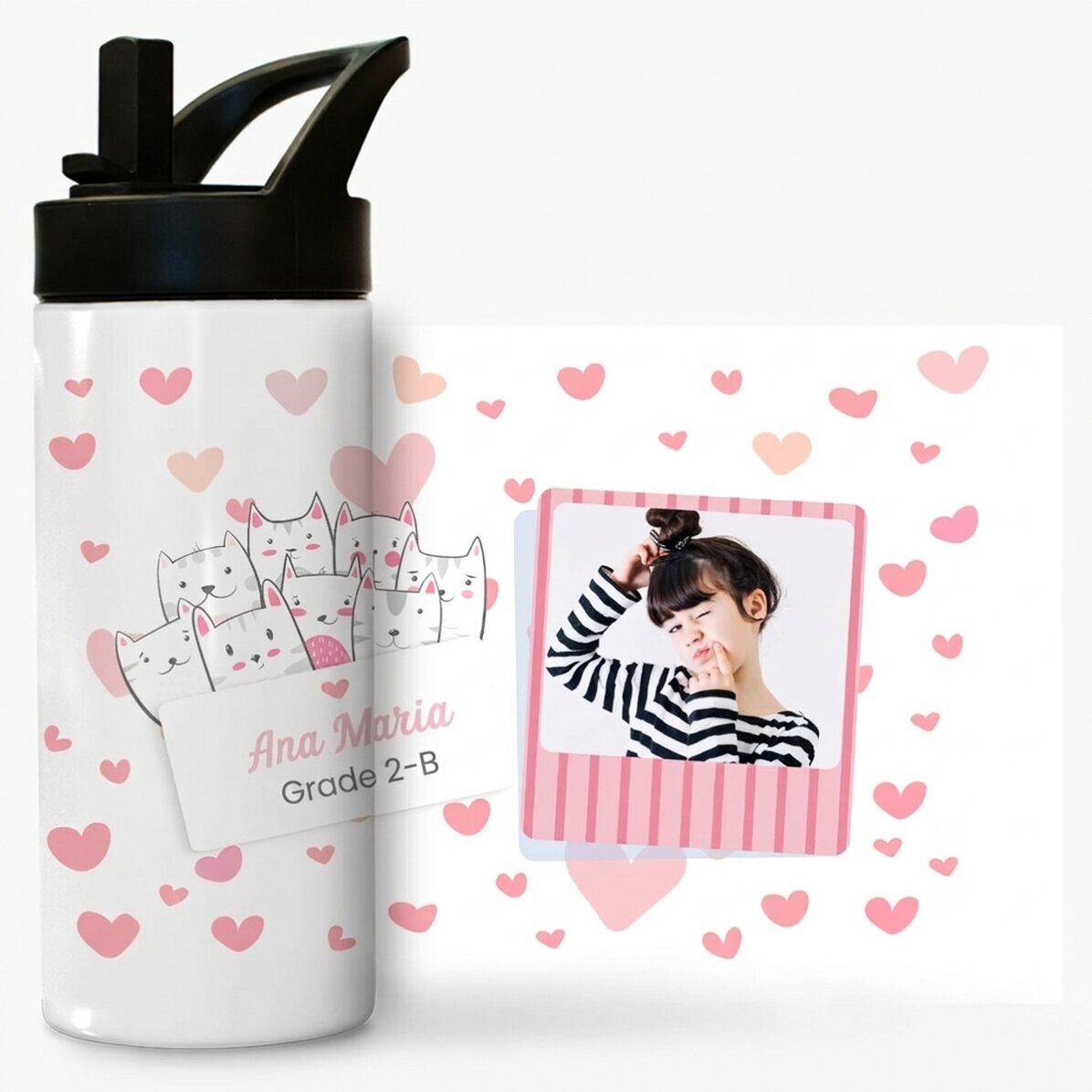 Thermos with handle and straw personalised with name and photo - Kitty