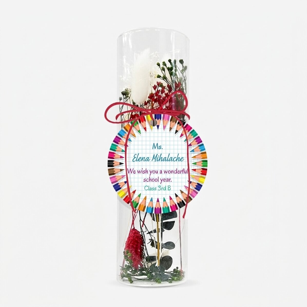 Glass ornament with preserved flowers, personalised with a message for teachers - Back to school