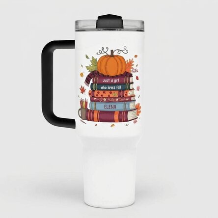 Thermos mug with handle and straw, personalised with text - Books