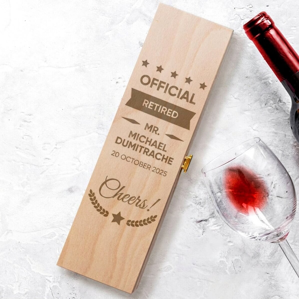 Personalised wine box with text - Officially Retired