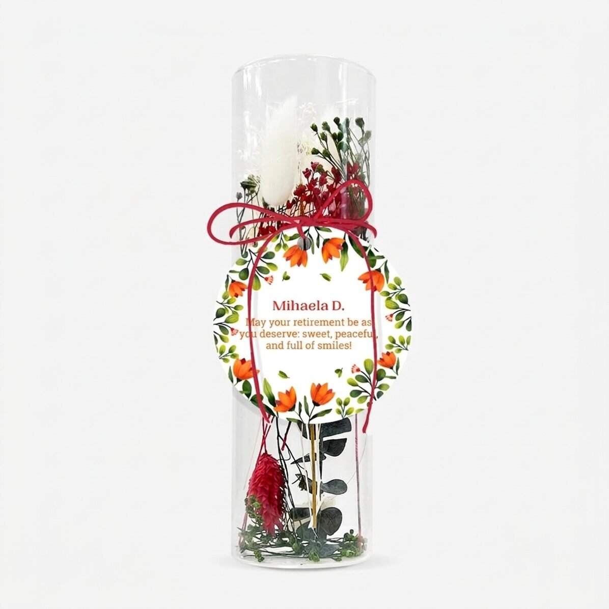 Glass ornament with preserved flowers personalised with a message - Retirement