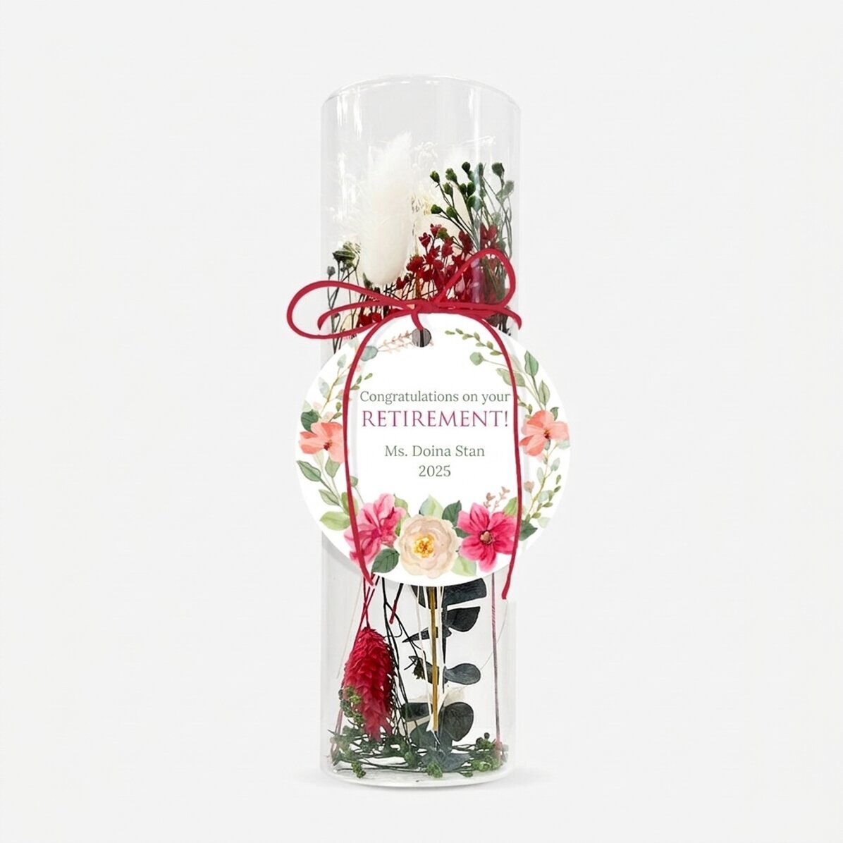 Glass ornament with preserved flowers personalised with text - Retirement
