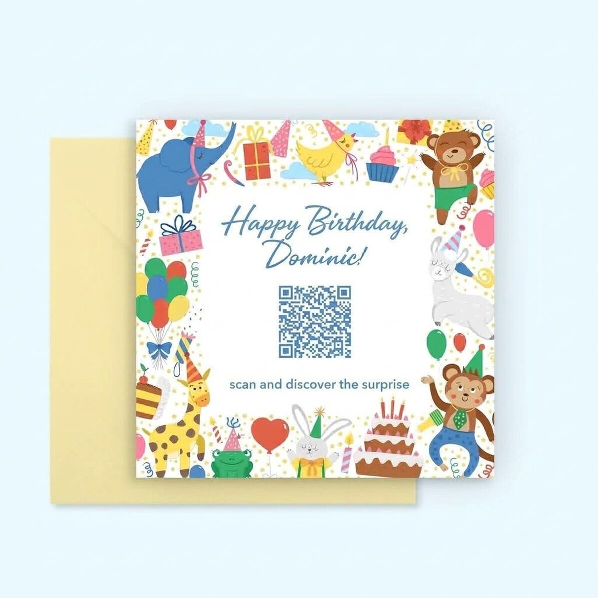 Personalised square card with text and QR code - Kids