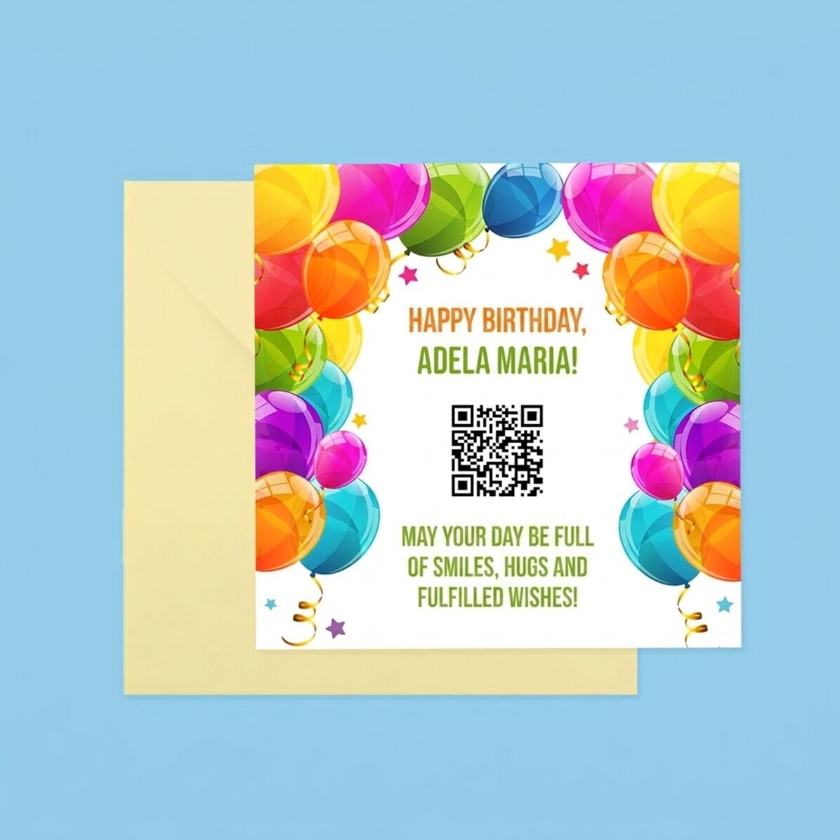 Personalised square card with text and QR code - Happy Birthday!