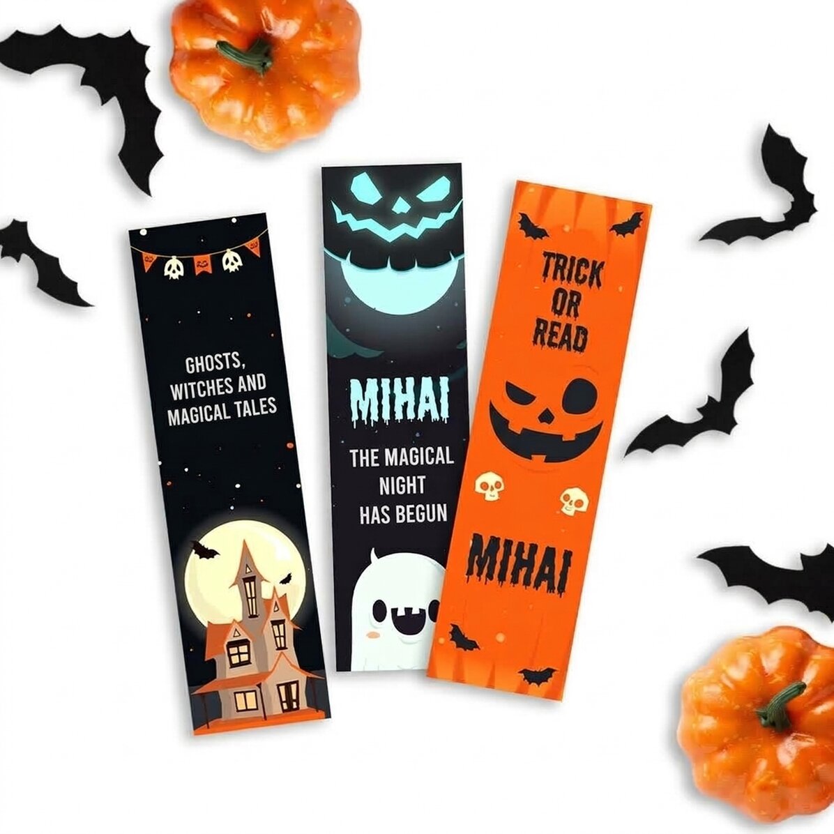 Set of 3 personalised bookmarks with text - Trick or read